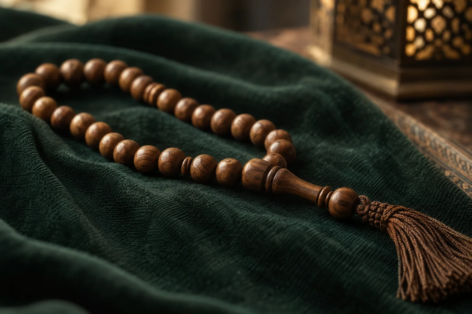 Tasbih-Gebetskette auf grünem Tuch